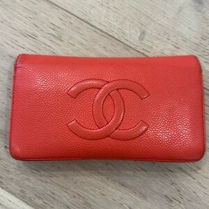 Coral red caviar leather long CHANEL wallet